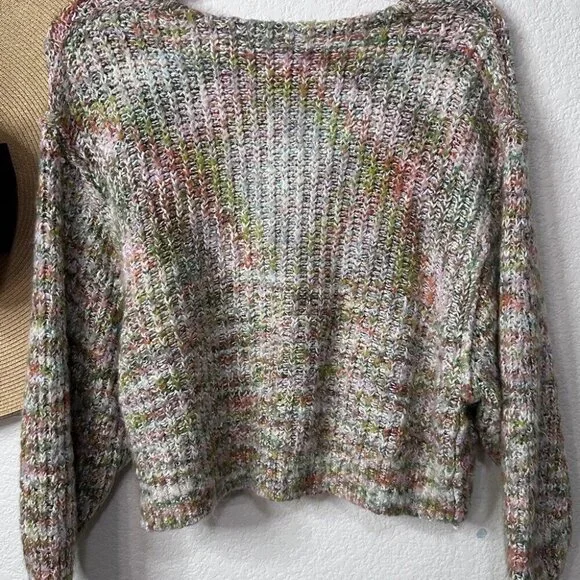 Free People Size XS Multicolor Highland Cable Knit Oversized V Neck Sweater - Picture 7 of 8